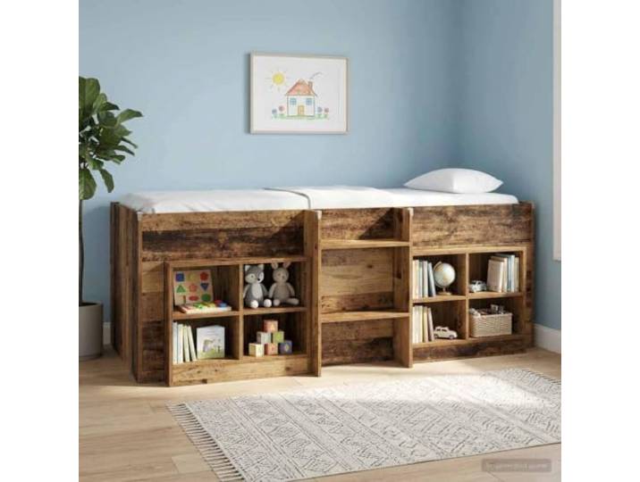 SKTQYQO Hochbett für Kinder, antikes Holz, 90 x 190 cm Holzkonstruktion, integrierte Leiter, Unterbettraum, TPE-Eckprotektoren