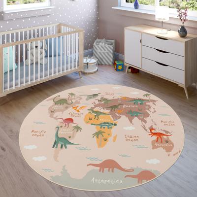 Kinderteppich PACO HOME "Bino 583", beige, H:4mm Ø:160cm, Polyester, Teppiche, Kinderteppich, Spielteppich, Motiv Weltkarte & Dinosaurier, Kinderzimmer