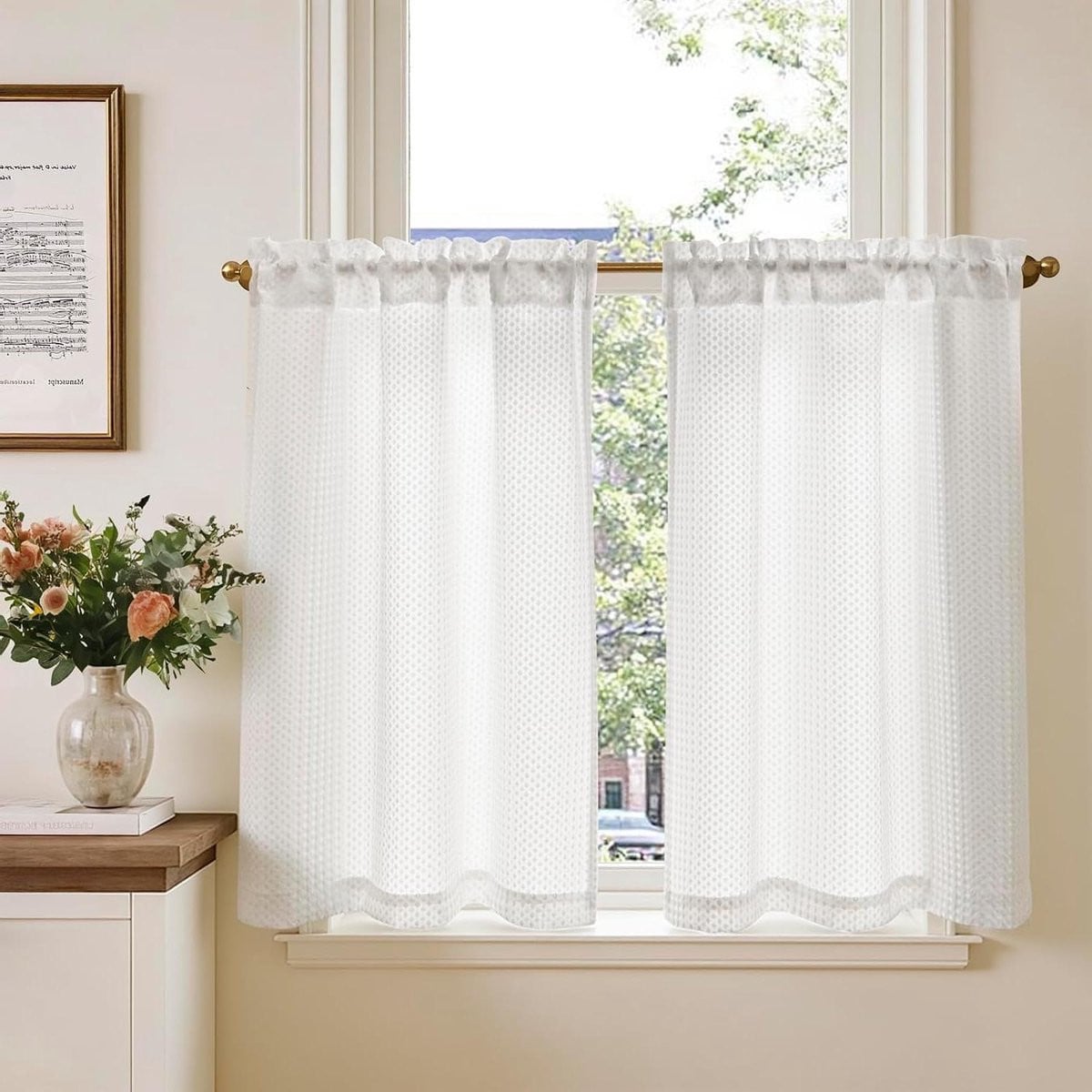 Keukengordijn set van 2 stuks - Wit wafelpatroon - Lichtdoorlatend en semi-transparant - 2x 90 x 65 cm