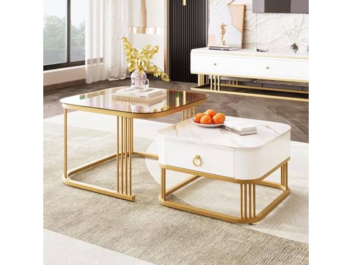 Merax Couchtisch 2er Set,Wohnzimmer Tisch,Satztisch Sofatisch Kaffeetisch Tisch-Set mit eine Schubladen Hochglanz-Marmoroptik, Goldenen Akzenten（Tippe F）