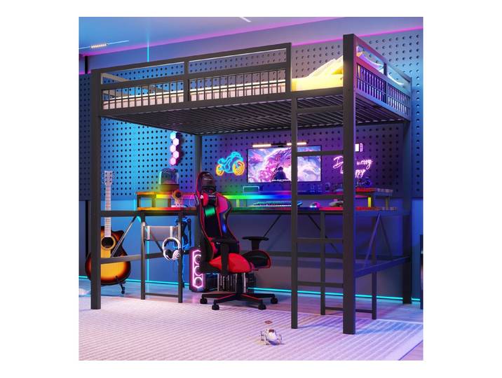 Flieks Hochbett Metall Kinderbett 140x200cm mit Schreibtisch Ladefunktion Lichtleiste