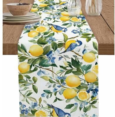 Inspire Essentials Lemon Tree Table Runner Blue Bird Linen Floral Dining Table Decor 78.7x13inch