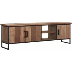 TV Board Beam aus Teakholz, Industrial Design mit 4 Türen, 180 cm, natur, schwarzes Metallgestell