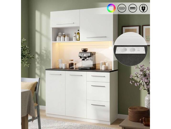 Buffet salle a manger avec rangements à niveaux Meuble Cuisine avec LED et USB-C et USB-A Buffet haut Blanc 120x40x180cm