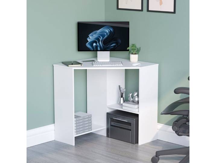Bureau d'angle Hetton avec étagères – Bureau pour ordinateur portable meuble de bureau à domicile blanc