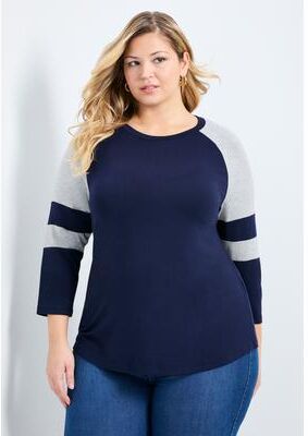 Plus Size Women's Splice Sleeve Color Top by Avenue in Navy Grey (Size 26/28)