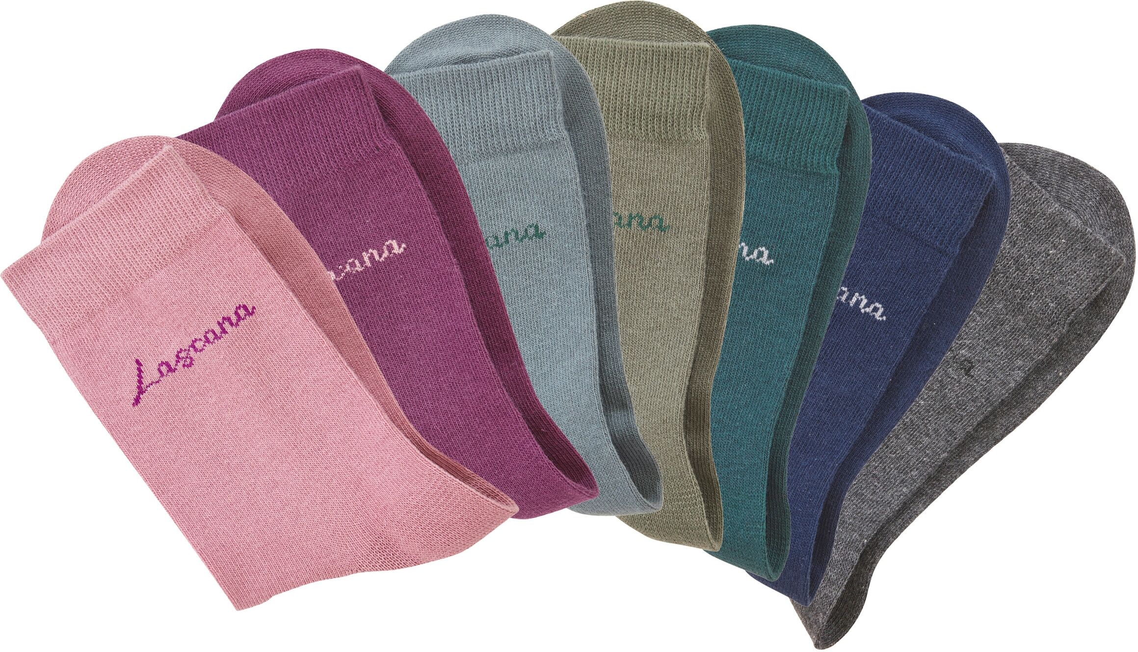 Basicsocken LASCANA "für Damen mit eingestricktem Markenlogo", Damen, Gr. 39-42, bunt (1x altrosa, 1x beere, 1x petrol, 1x grün, 1x marine, 1x anthrazit, meliert, 1x graugrün), Baumwollmischung, unifarben, elastisch, Socken Basicsocken, in ansprechender G