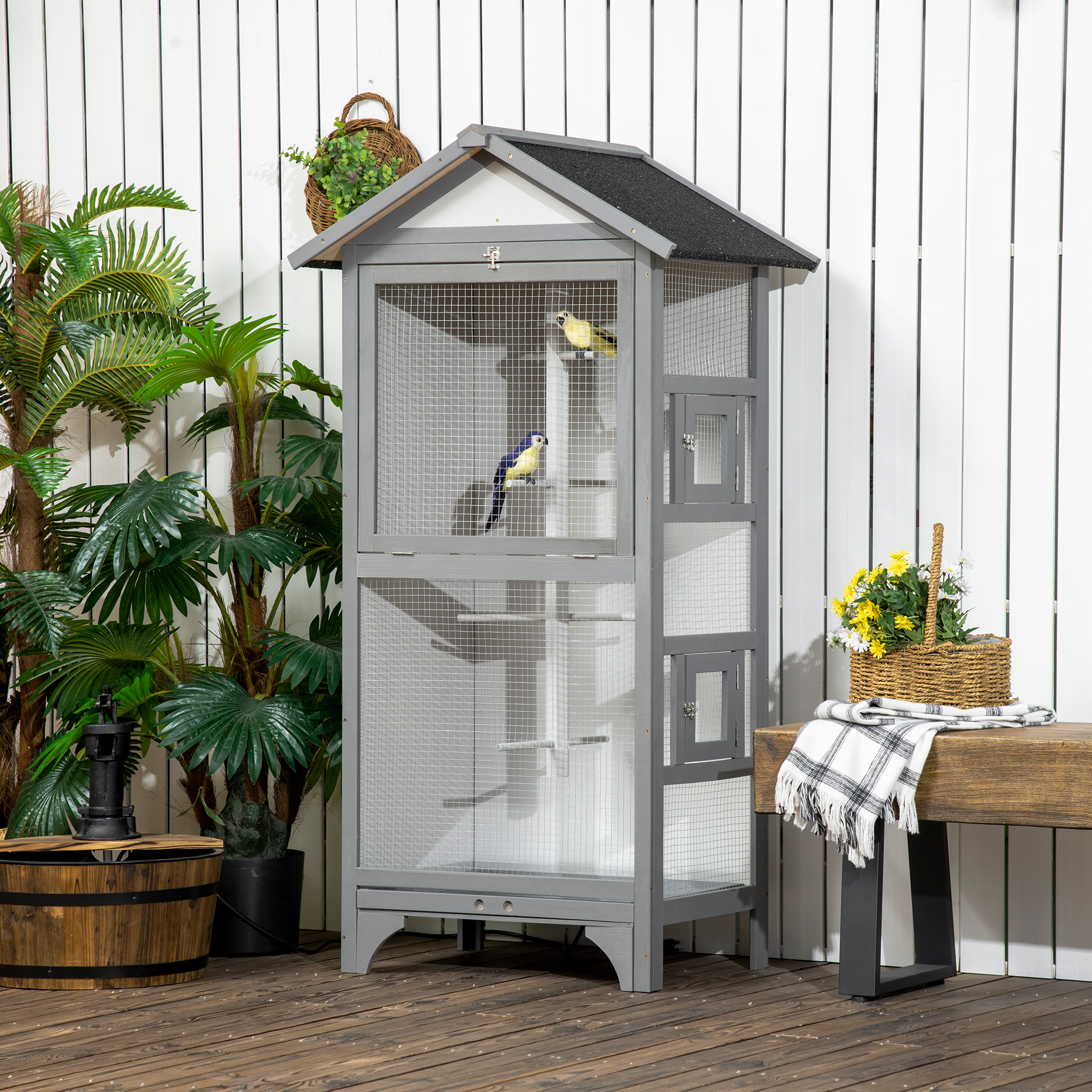 Pawhut Gabbia per Uccelli da Esterno in Legno di Abete Resistente e Spaziosa per Uccelli con Accessori Inclusi 80.5x57x158.5cm Grigio Chiaro Aosom