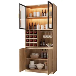 Merax Hochschrank 80x40x180 cm, Vitrinenschrank mit LED-Beleuchtung, Aufbewahrungsschrank mit 2 Glastüren, Weinregal & Glashalter