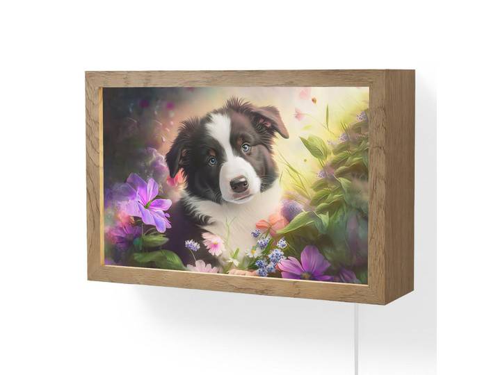 OnlyWow Wandleuchte - Welpe - Sonne - Blumen - Natur - Border Collie - Hund - 30x20 cm, Violett, Holzwerkstoff, Rechteckig, LED integriert, 30x20x8 cm, Lampen & Leuchten, Innenbeleuchtung, Wandlampe