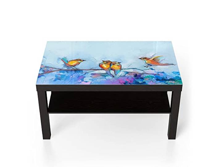 DEQORI Glastisch schwarz groß 90x50 cm Motiv Vier Vögel auf Ast ausgefallener Beistelltisch aus Glas Hochglanz Couchtisch fürs Wohnzimmer moderner Couch Tisch mit Design