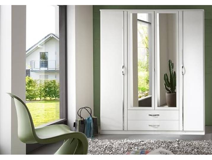 möbelando Drehtürenschrank >Duo< in Weiss,AUFLEISTUNGEN Chrom - 179x199x58cm (BxHxT)