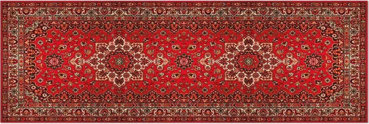 Perzische Keukenloper en Woonkamer Decoratie - Oosters Design - Rood Beige - Velours - Breedte: 60 cm, Lengte: 180 cm
