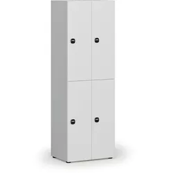 Holzspind S4 mit Ablagefächern, 4 Fächer, zerlegt, RFID-Schloss, grau/weiß