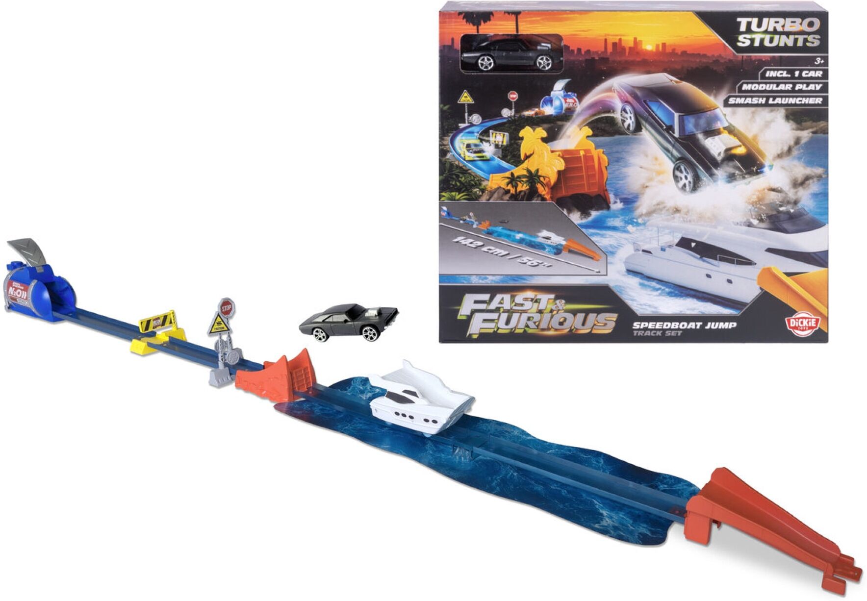 Autorennbahn DICKIE TOYS "Fast & Furious Speedboat Jump", blau (bunt), Autorennbahnen, KinderB:28cm H:7cm T:24,5cm, Kunststoff, Autorennbahn, B:28cm H:7cm T:24,5cm