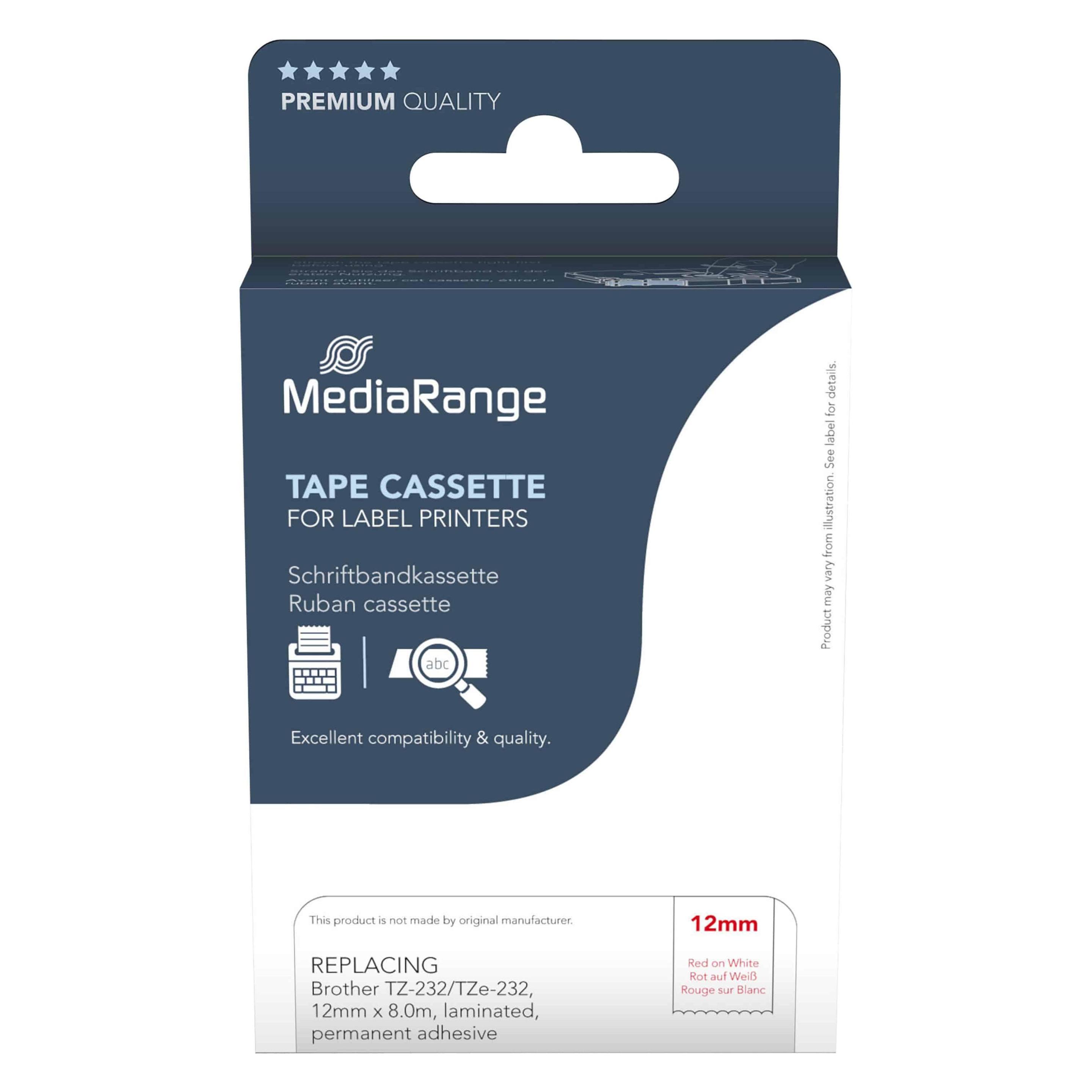 MediaRange Schriftbandkassette rot auf weiß 8m x 12mm (1.20 cm, Schwarz, Weiss) (MRBTZ232)