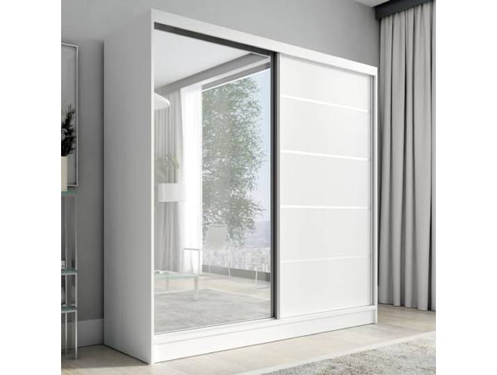 A&J MöbelLand Schwebetürenschrank Nero Kleiderschrank 2-türig mit Schubladen und Spiegel, Garderobe 200 cm (Weiß)