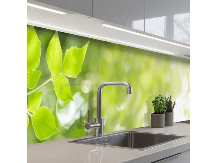 KitchenYeah© Küchenrückwand Selbstklebend Küchenspritzschutz Rückwand 60x350 cm - Wandschutz Ohne Bohren Spritzschutz Wand Wandverkleidung Natur - Frühling - Grün - Blätter
