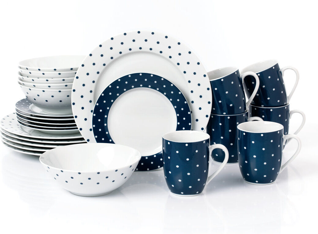 Waterside 24pc Blue & White Spot Porcelain Dinner Set White;Blue 24