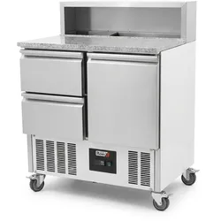 Romux® Saladette und Pizzatisch 1 Tür und 2 Schubladen 90x70 cm 220 Liter Fassungsvermögen für Behälter | Kühltisch von Pizzen und Salaten