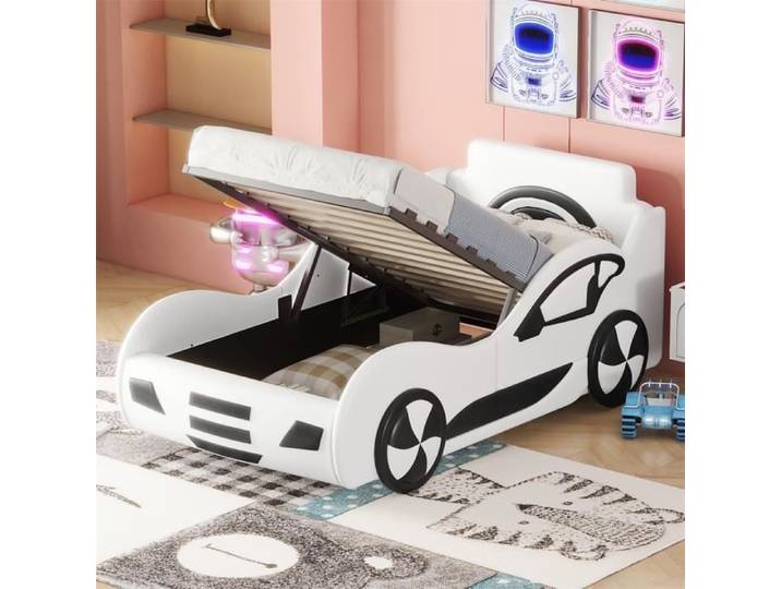 DRIPEX Lit enfant 90 x 200 cm modèle lit voiture lit enfant avec espace de rangement sous le lit Blanc