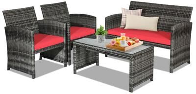 Costway 4 Pieces Patio Rattan Furniture Set with Cushions-Red