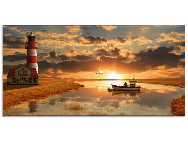 Glasbild ARTLAND Maritime Idylle beim Leuchtturm , orange (farbe bild(er): orange), B:60cm H:30cm, Bilder, Glasbild, in verschiedenen Grössen