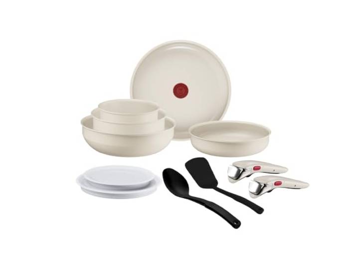 Tefal Ingenio Cerabright 11-teiliges Kochgeschirr-Set, platzsparend abnehmbarer Griff, stapelbares Design, induktionsgeeignet, Keramik-Antihaftbeschichtung, Beige, L844BS34