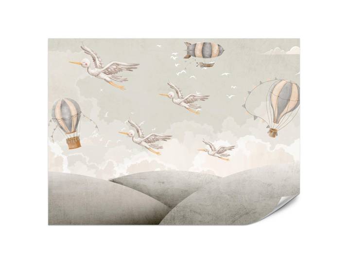 Muralo Fototapete für Kinderzimmer Boho Störche Aquarell Balon Luftschiff Himmel 500x350, Weiß, Beige, Grau, Papier, Tiere, Märchen/ Fantasie, Baum/Pflanze/Natur, Rechteckig, 500x350 cm, Tapeten & Wandverkleidungen, Fototapeten