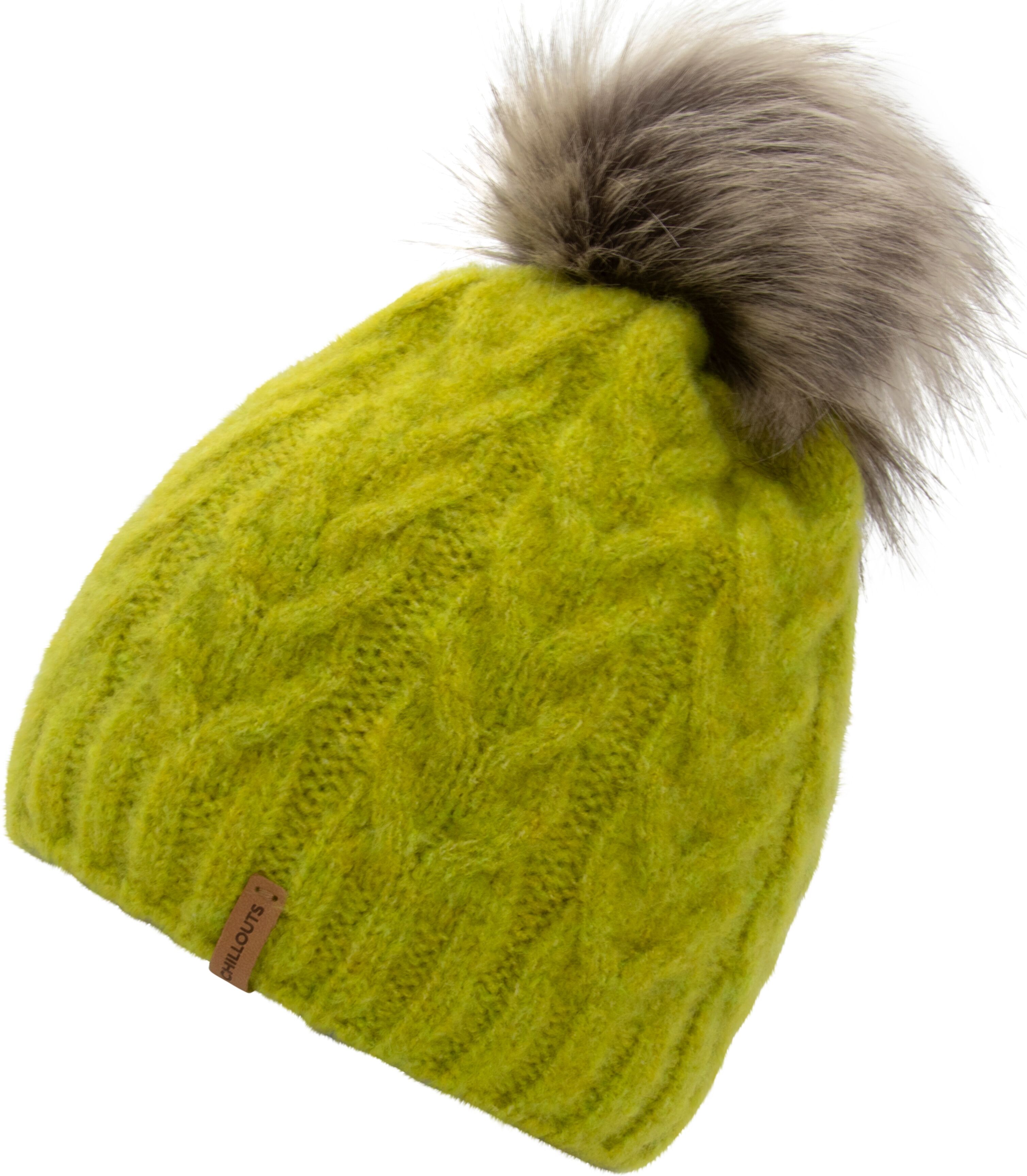 Bommelmütze CHILLOUTS "Flora Hat", Damen, grün (lime), Obermaterial: 76% Polyacryl, 22% Polyester, 2% Polyamid, Zopfmuster, unifarben, Mützen Bommelmütze, mit abnehmbarem Kunstfell-Pompon, in Europa gefertigt lime Einheitsgröße