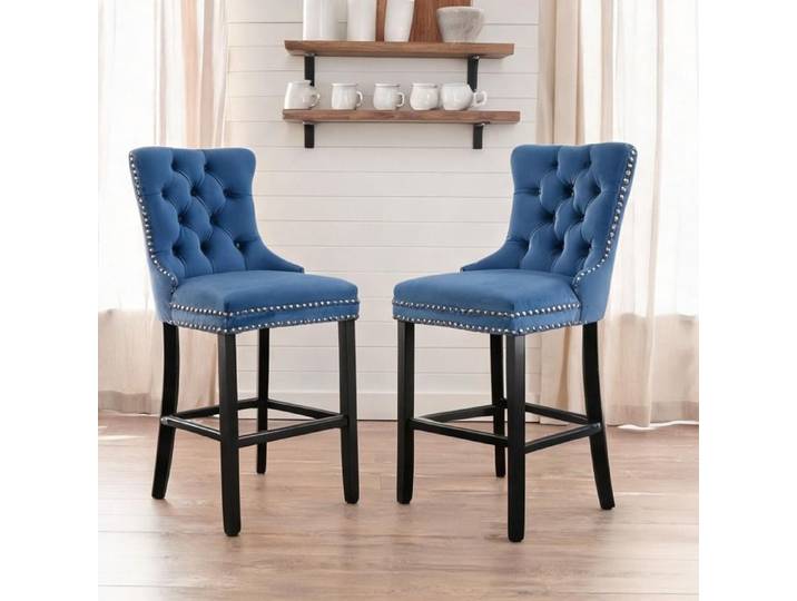 Lot de 2 chaises de bar contemporaines en velours bleu et bois massif dossier capitonné assise confortable cuisine