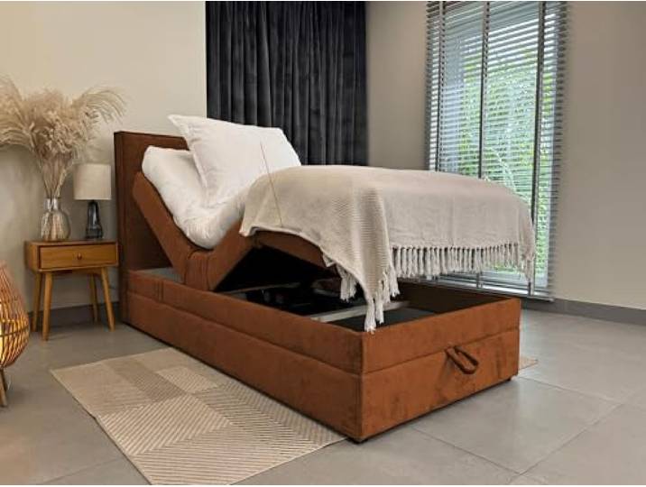 TRADA Boxspringbett 100 x 200 cm, Elektrische Bett mit Matratze, Braun SORRENTO, Bett mit Kopfteil, Topper und Bettkasten, Stoffbezug Veloursstoff