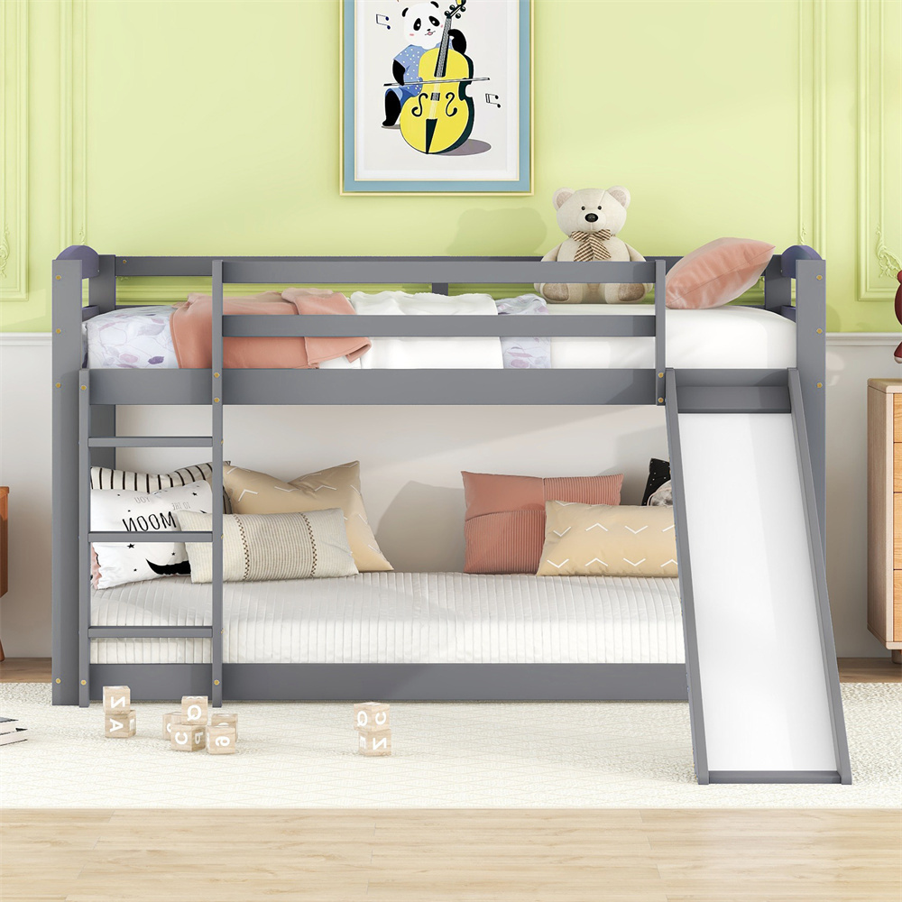 Etagenbett für Kinder und Jugendliche, Kinderbett mit Rutsche, Massivholzrahmen, einfache Montage, 90x200cm, Grau