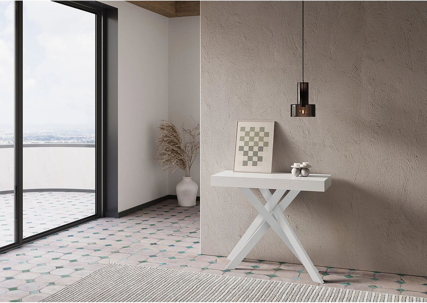 Ityhome Consola extensible 90x40/300 cm Krack fresno blanco patas blancas