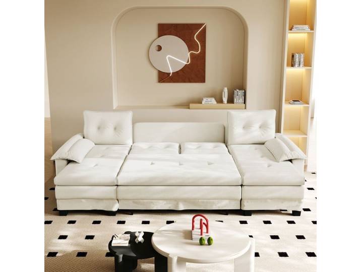 Canapé d'angle U convertible - ZEVKOR - Canapé d'angle U - 4 places - Chenille beige - Port USB