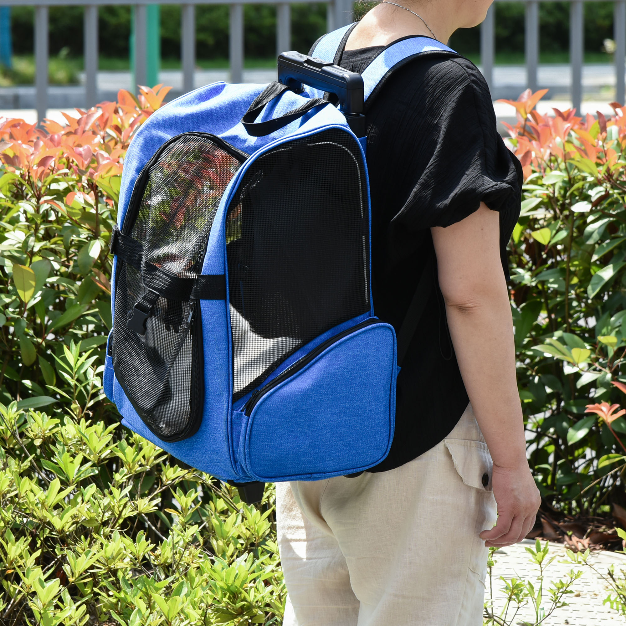 Pawhut Trasportino Zaino 2 in 1 per Cani e Gatti con Tasche e Maniglia Telescopica, 42x25x55cm, Blu Aosom