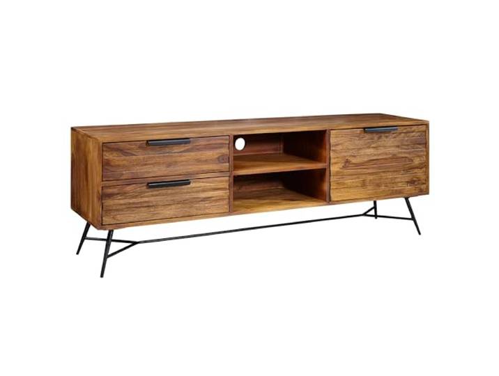 FineBuy Lowboard Nishan 160x54x40 cm Sheesham Massiv Holz, Design HiFi-Board mit Stauraum und Schubladen, Massivholz Fernsehschrank Wohnzimmer, Industrial Fernsehkommode mit Metallbeinen