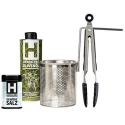 HENSSLERS Pasta-Set: Pastasieb, Edelstahlzange, Olivenöl 500ml und Würzmischung 80g