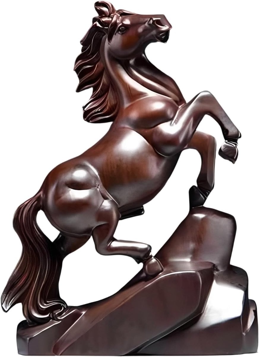 Handgesneden Houten Paard Beeld Decoratie - Zwart Bruin - Hoogte: 15 cm