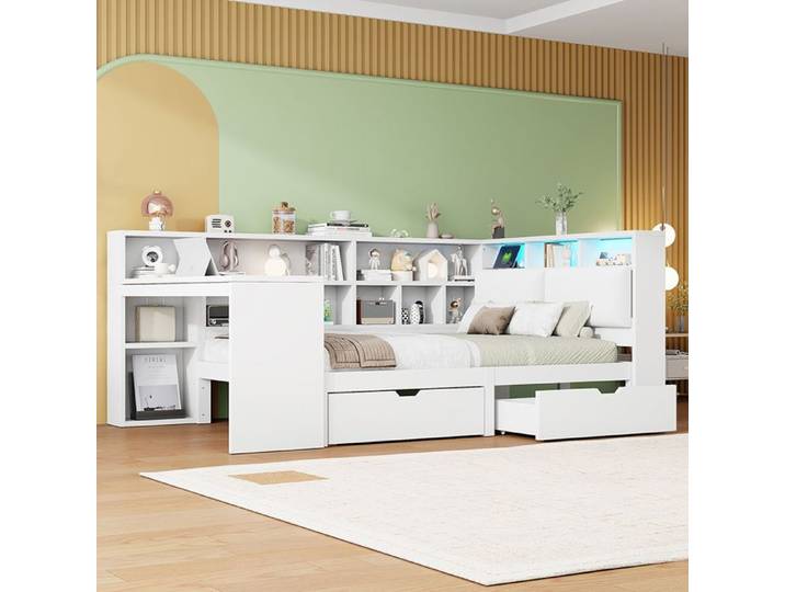 Lit plateforme en L - YEHTOKHOME - 140x200 - Bureau intégré - LED - Tiroirs