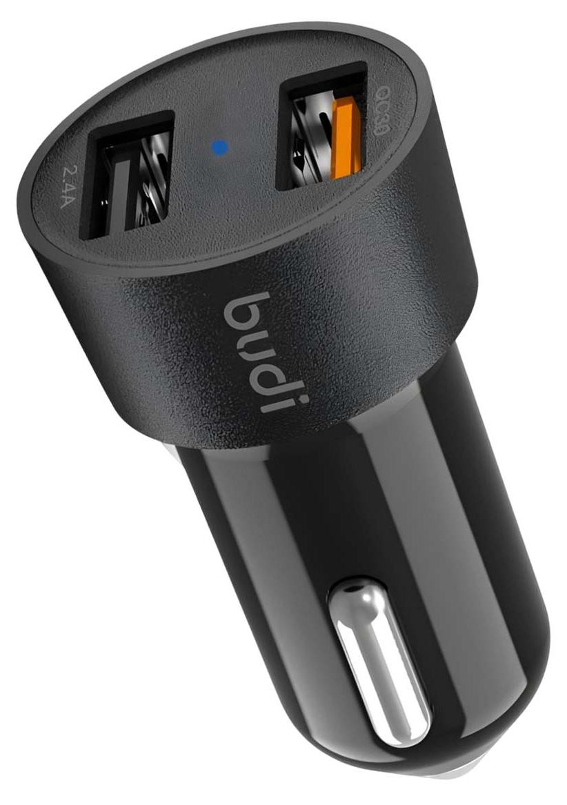 Budi USB-A autolader met dubbele poort, QC 3.0, 2.4A, met LED-indicator, zwart