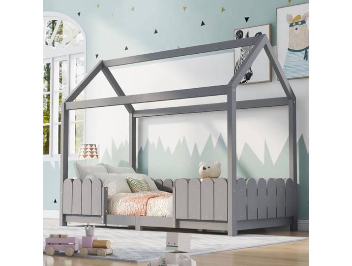 Lit cabane enfant 90x200cm en bois pour garçons & filles Protection contre les chutes sommier à lattes Gris
