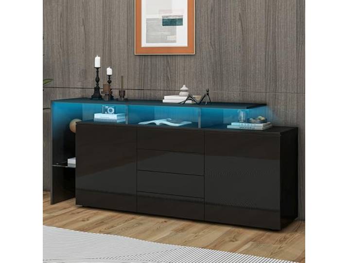 BTM Kommode, Sideboard mit LED, 160×35×70H cm, Wohnzimmermöbel in Schwarz Hochglanz, Wohnzimmerschrank, Standschrank, TV-Schrank, Wohnzimmerwand, Highboard, Buffetschrank Esszimmer