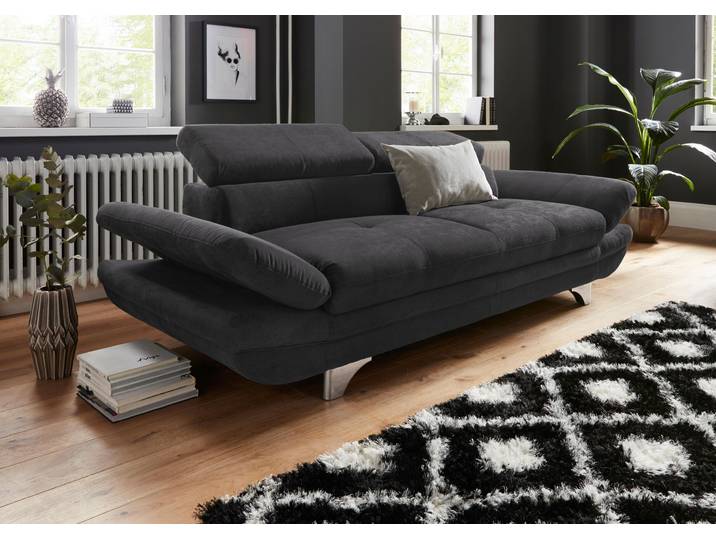 3-Sitzer Sofa, Chenille, Schwarz, 233×104×75 cm, Mit Kopfteil- & Armteilverstellung, Cotta