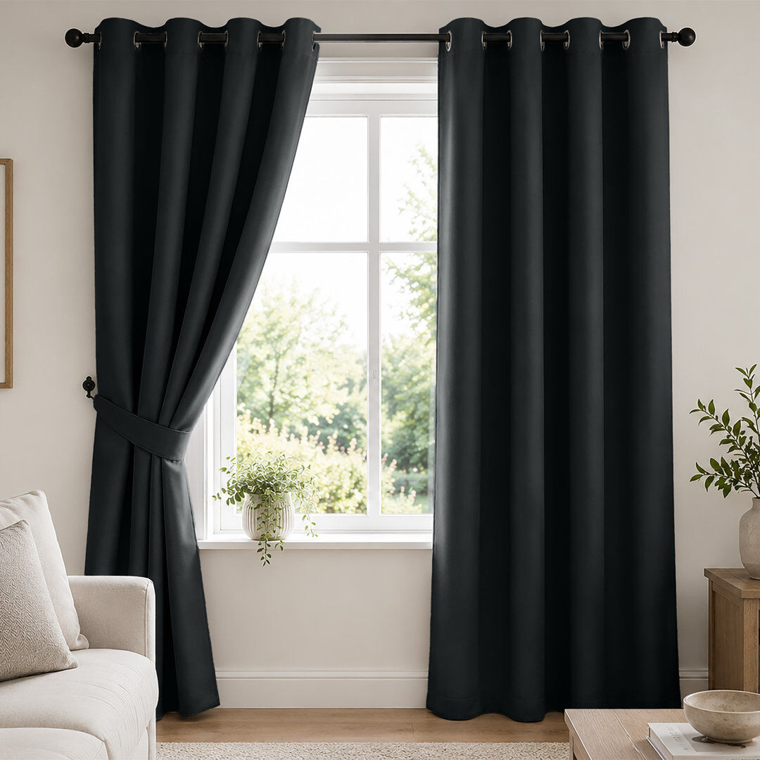 Rosalind Wheeler Bernards Blackout Thermal Insulated Noise Reducing Grommet Window & Door Curtain Panel Black 168cm Width x 228cm Drop