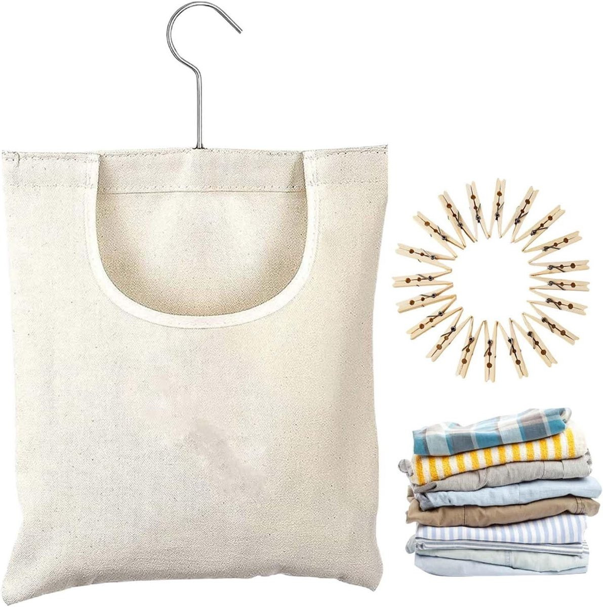 Beige Canvas Wasknijper Tas met Haak voor het Ophangen van Wasgoed - 32 x 20 x 2 cm