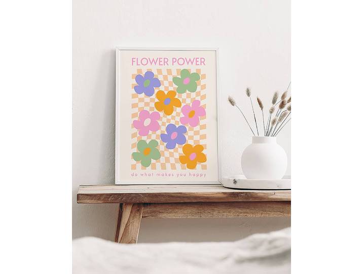 Tableau déco Flower Power Cadre : hêtre massif verni Fixation : plexiglas Multicolore 32 x 42cm