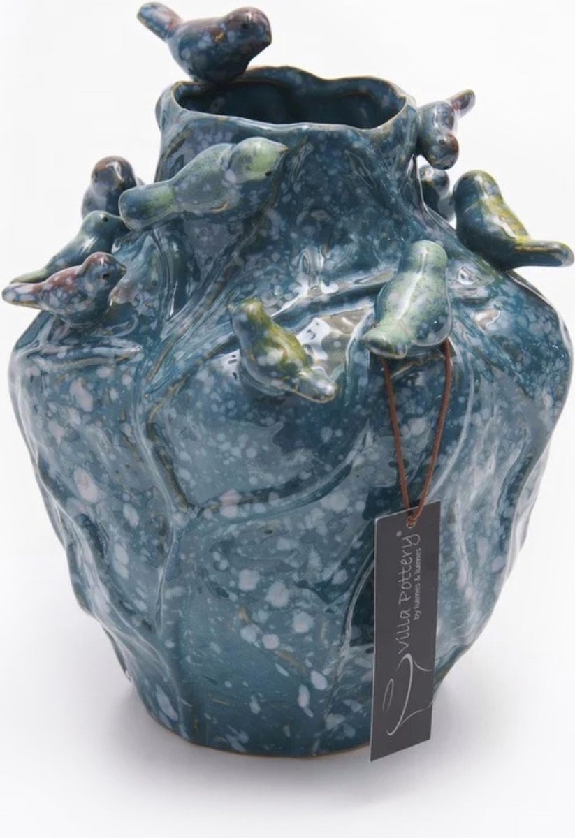 Villa Pottery Lieve 2_2 Blue 12 Birds Vogelvaas van Porselein - Blauw