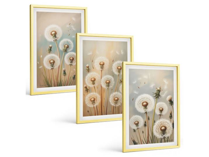 BILDER SET 3er Set - 40x60 cm Goldrahmen - Pastellfarbene Löwenzahnblüten
