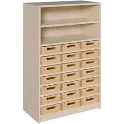 Korpus-Regal mit flachen Materialkästen und offenen Fächern